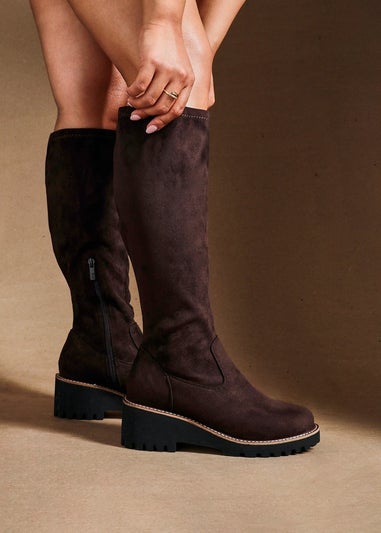 Linzi Maintain Wide Fit Brown Faux Suede Stretch High Leg Wedge Boot