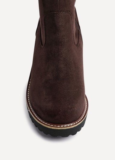 Linzi Maintain Wide Fit Brown Faux Suede Stretch High Leg Wedge Boot