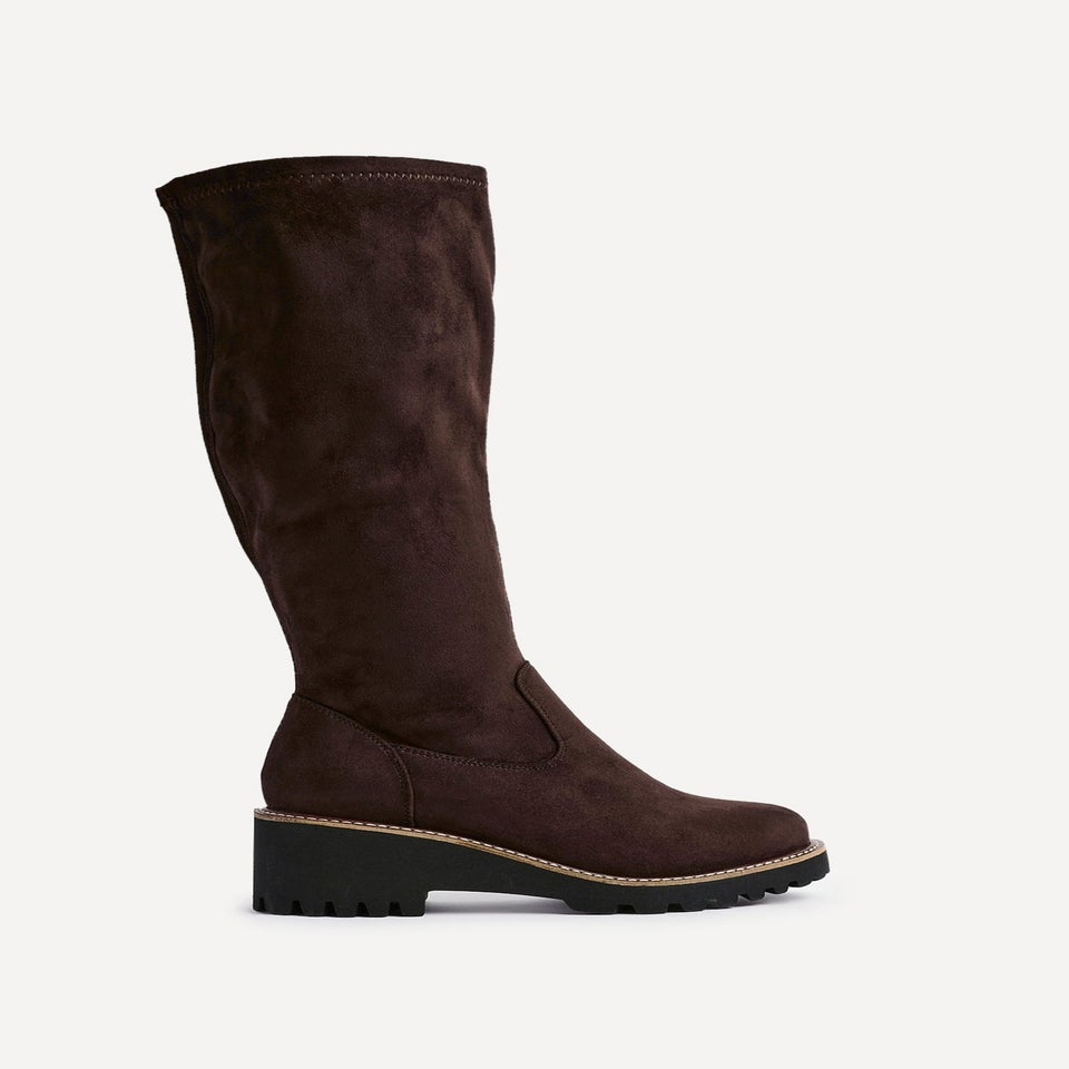 Linzi Maintain Wide Fit Brown Faux Suede Stretch High Leg Wedge Boot