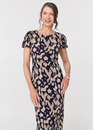 Izabel London Navy Printed Short Sleeve Slim Fit Midi Dress