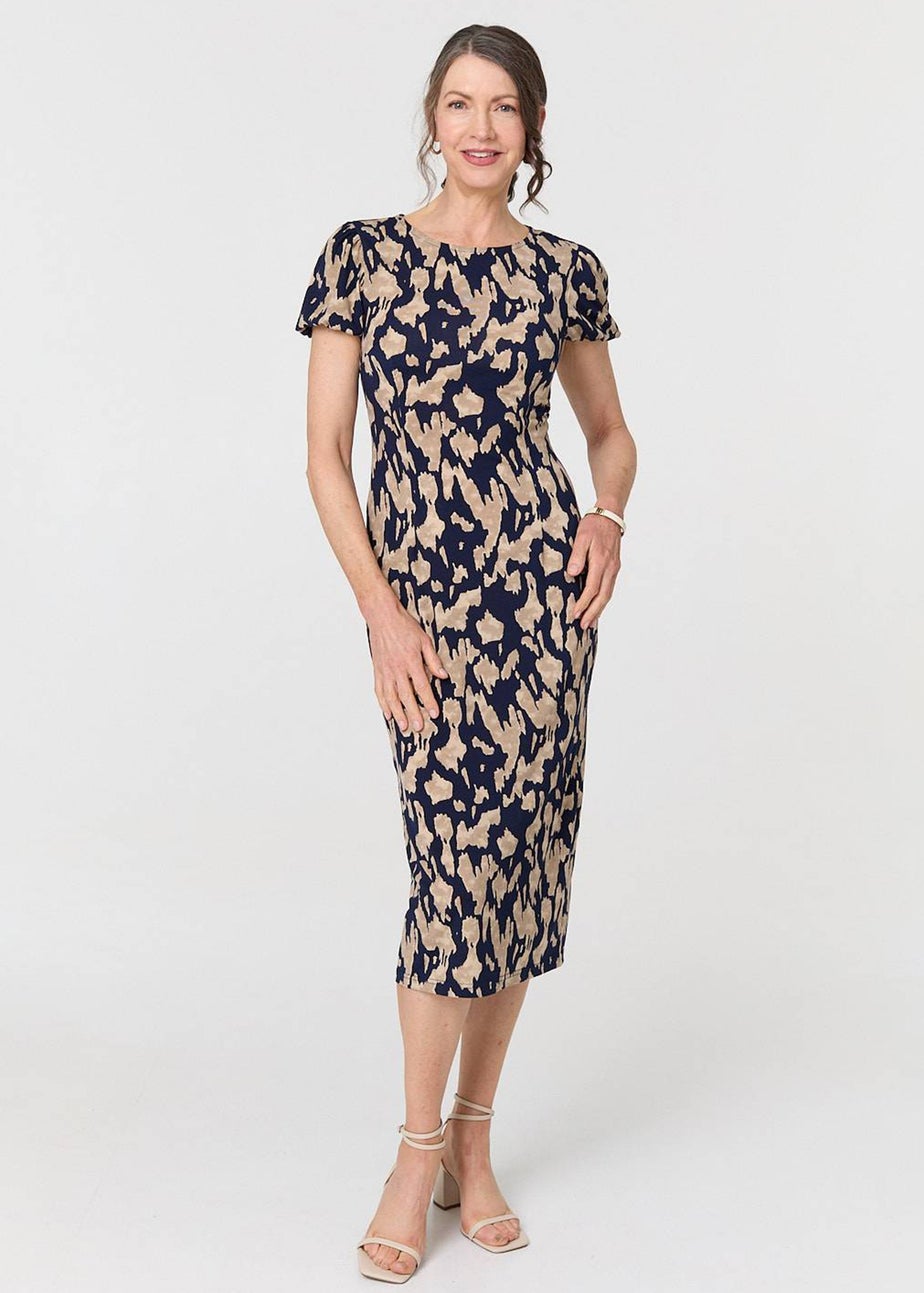 Izabel London Navy Printed Short Sleeve Slim Fit Midi Dress