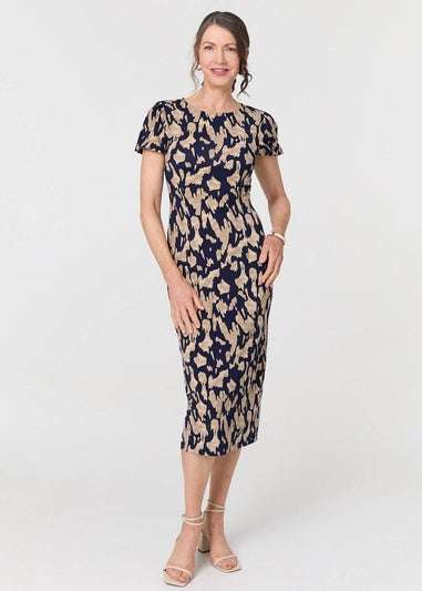 Izabel London Navy Printed Short Sleeve Slim Fit Midi Dress