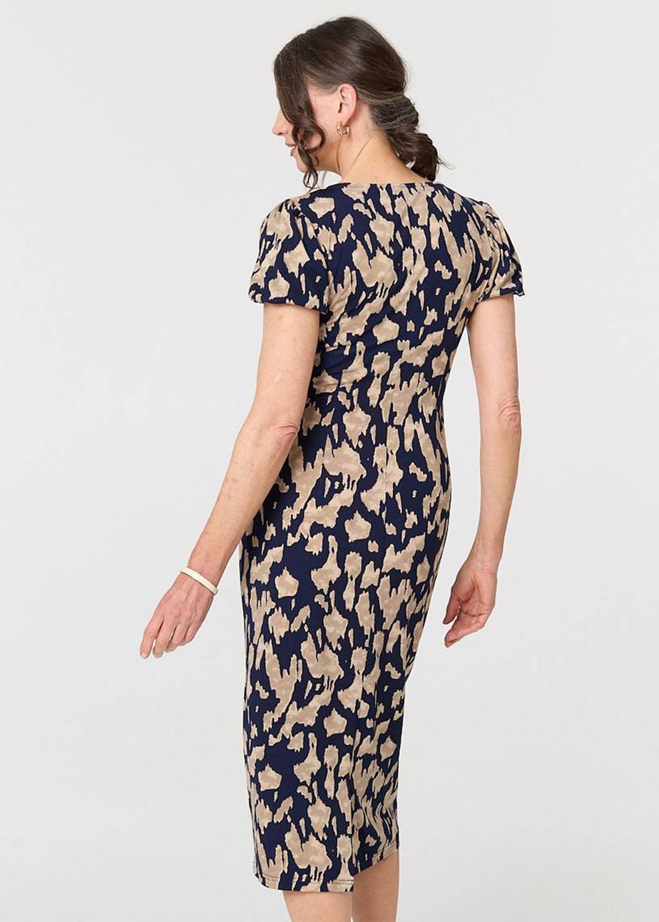 Izabel London Navy Printed Short Sleeve Slim Fit Midi Dress