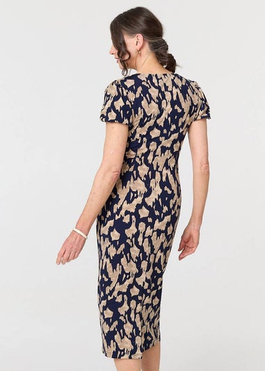 Izabel London Navy Printed Short Sleeve Slim Fit Midi Dress