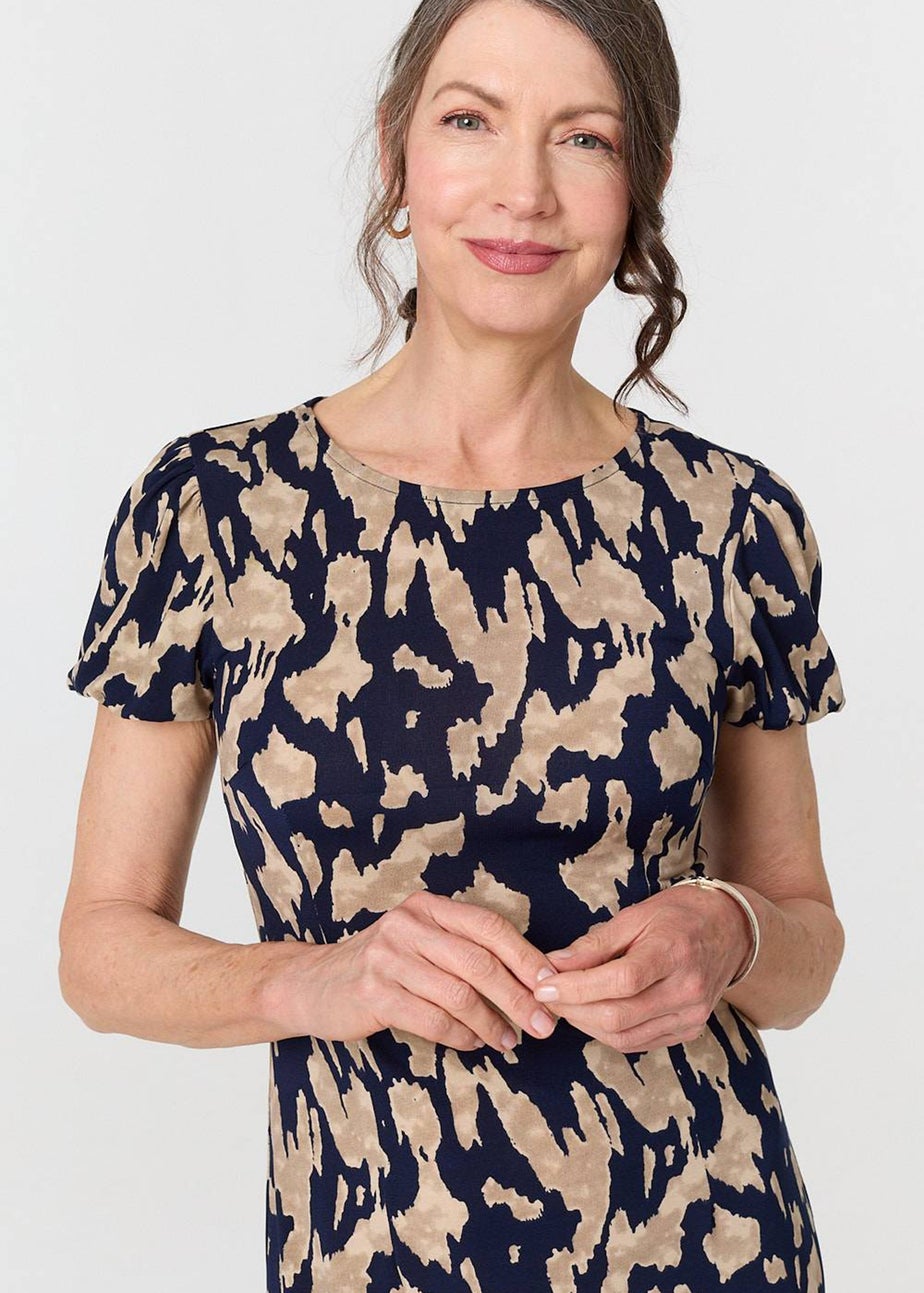 Izabel London Navy Printed Short Sleeve Slim Fit Midi Dress