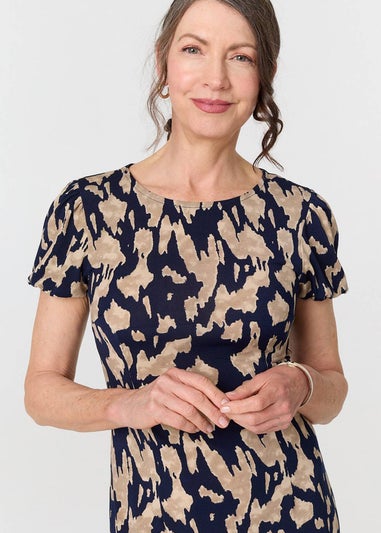 Izabel London Navy Printed Short Sleeve Slim Fit Midi Dress