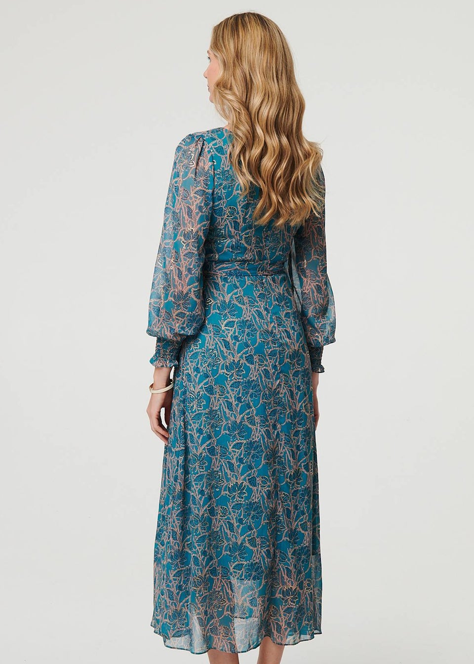 Izabel London Teal Printed Tie Waist Layered Midi Dress