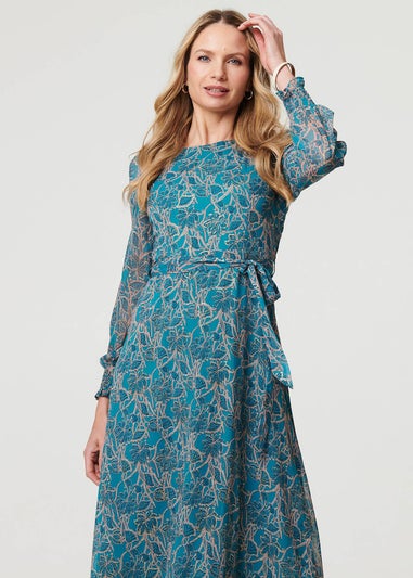 Izabel London Teal Printed Tie Waist Layered Midi Dress