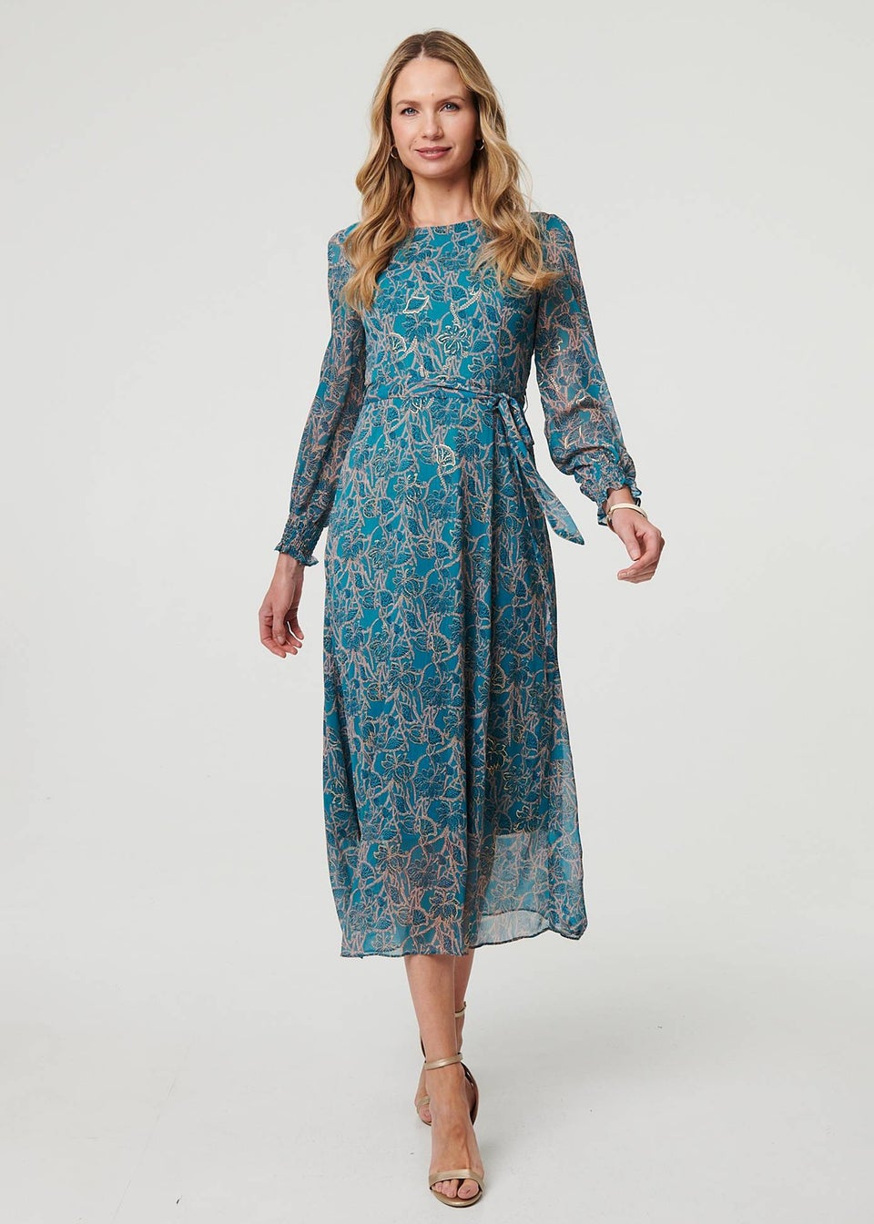 Izabel London Teal Printed Tie Waist Layered Midi Dress