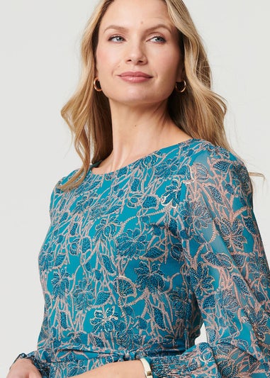 Izabel London Teal Printed Tie Waist Layered Midi Dress