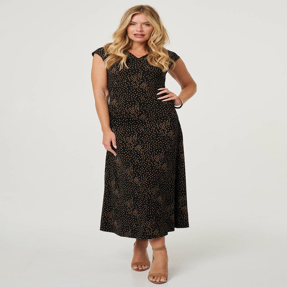 Izabel London Black Polka Dot Cap Sleeve A-Line Maxi Dress
