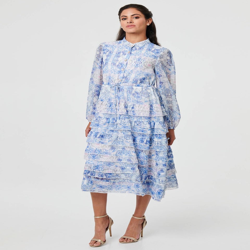 Izabel London Blue Floral Tie Waist Frill Midi Shirt Dress