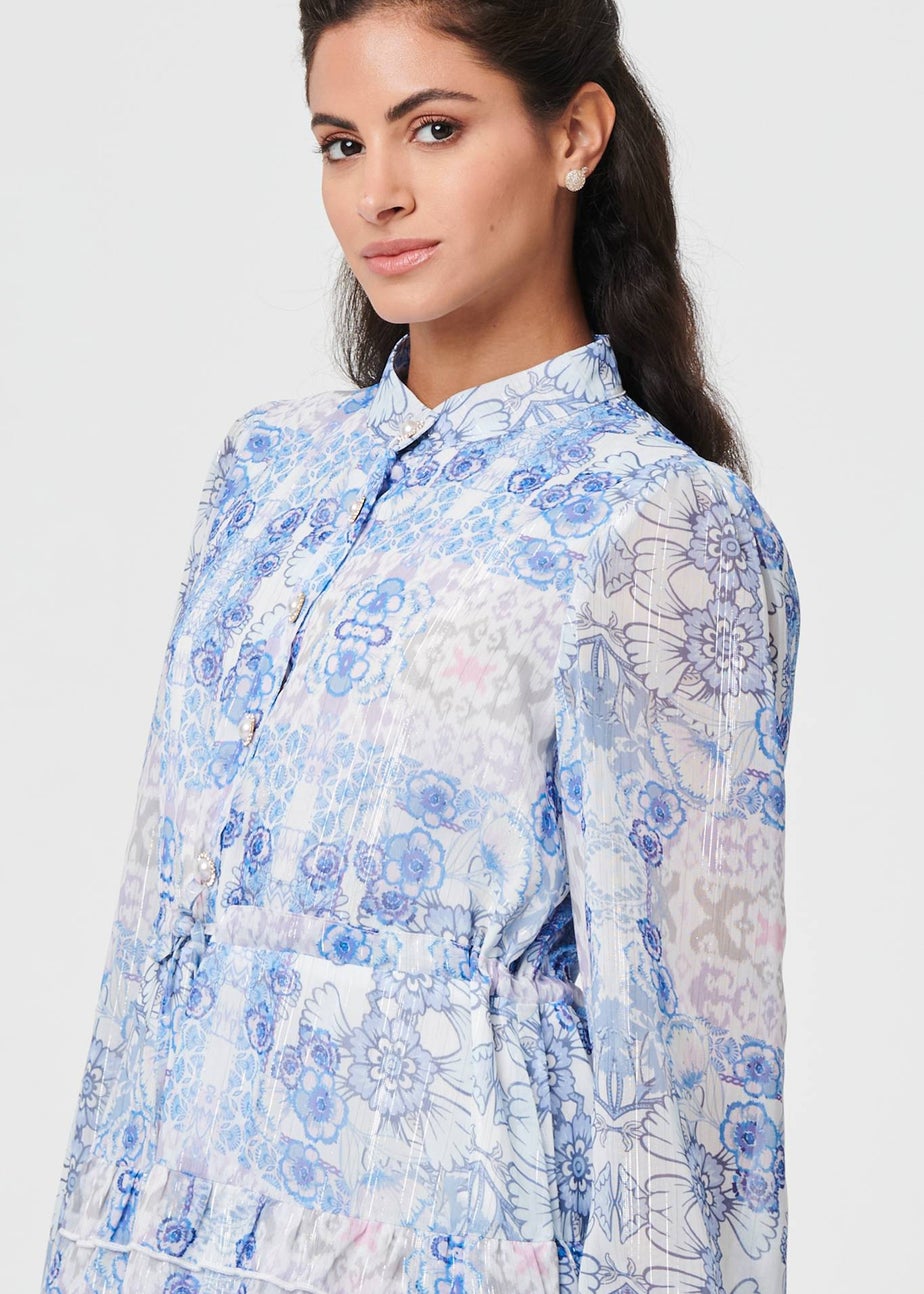Izabel London Blue Floral Tie Waist Frill Midi Shirt Dress