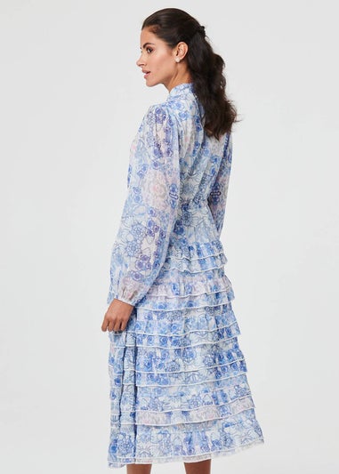 Izabel London Blue Floral Tie Waist Frill Midi Shirt Dress
