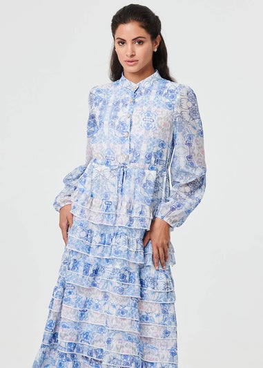Izabel London Blue Floral Tie Waist Frill Midi Shirt Dress