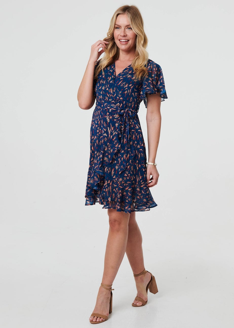 Izabel London Blue Printed Asymmetric Short Tie Wrap Dress