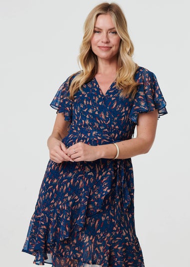 Izabel London Blue Printed Asymmetric Short Tie Wrap Dress