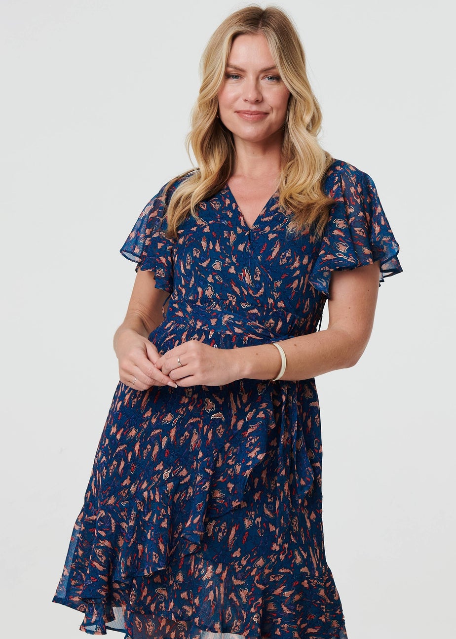 Izabel London Blue Printed Asymmetric Short Tie Wrap Dress