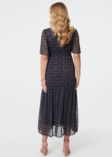 Izabel London Blue Printed Sheer Layered Empire Maxi Dress