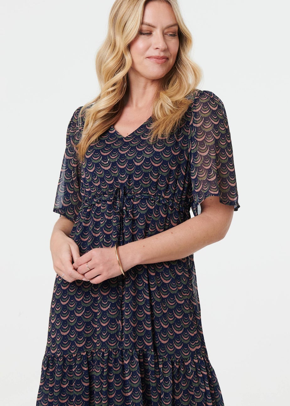 Izabel London Blue Printed Sheer Layered Empire Maxi Dress