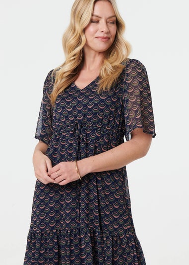 Izabel London Blue Printed Sheer Layered Empire Maxi Dress