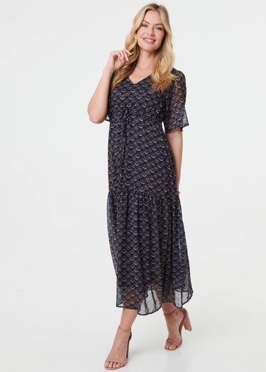 Izabel London Blue Printed Sheer Layered Empire Maxi Dress