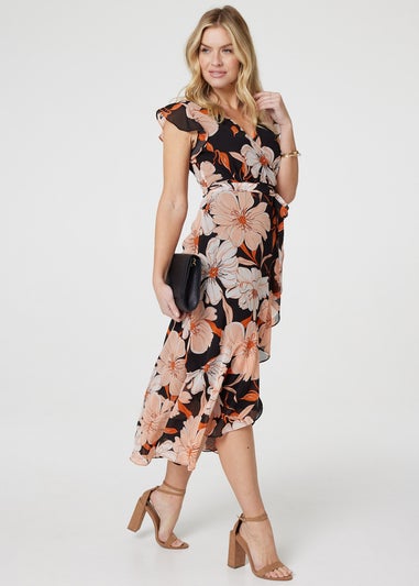Izabel London Black Floral Frill Asymmetric Wrap Midi Dress