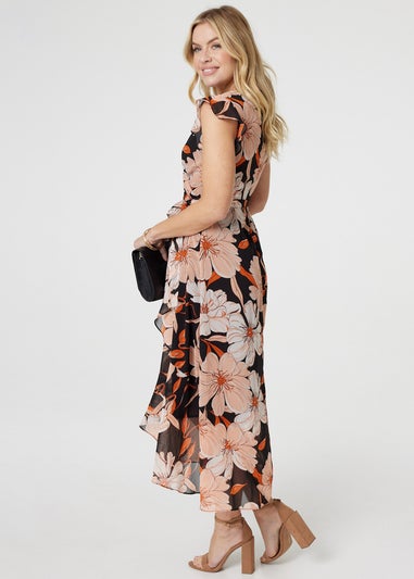 Izabel London Black Floral Frill Asymmetric Wrap Midi Dress