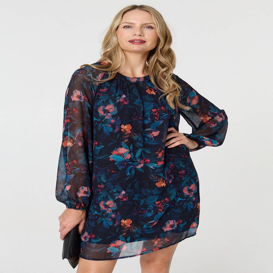 Izabel London Blue Floral Layered Long Sleeve Short Dress