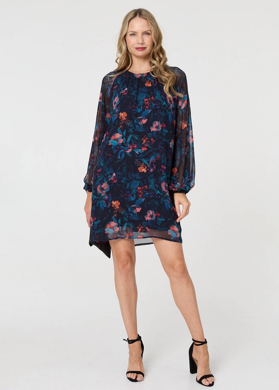 Izabel London Blue Floral Layered Long Sleeve Short Dress