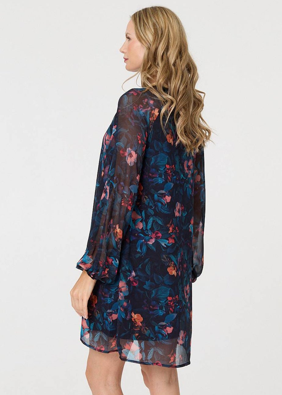 Izabel London Blue Floral Layered Long Sleeve Short Dress
