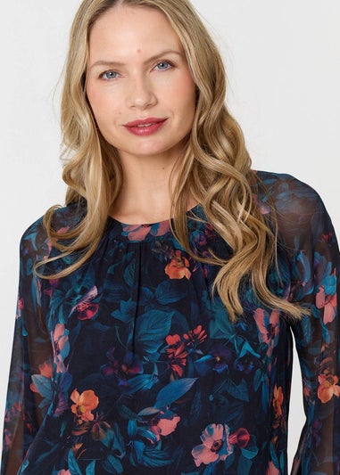 Izabel London Blue Floral Layered Long Sleeve Short Dress