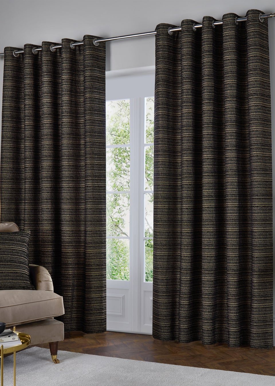 Paoletti Jupiter Chenille Jacquard Eyelet Curtain Pair Black/Gold