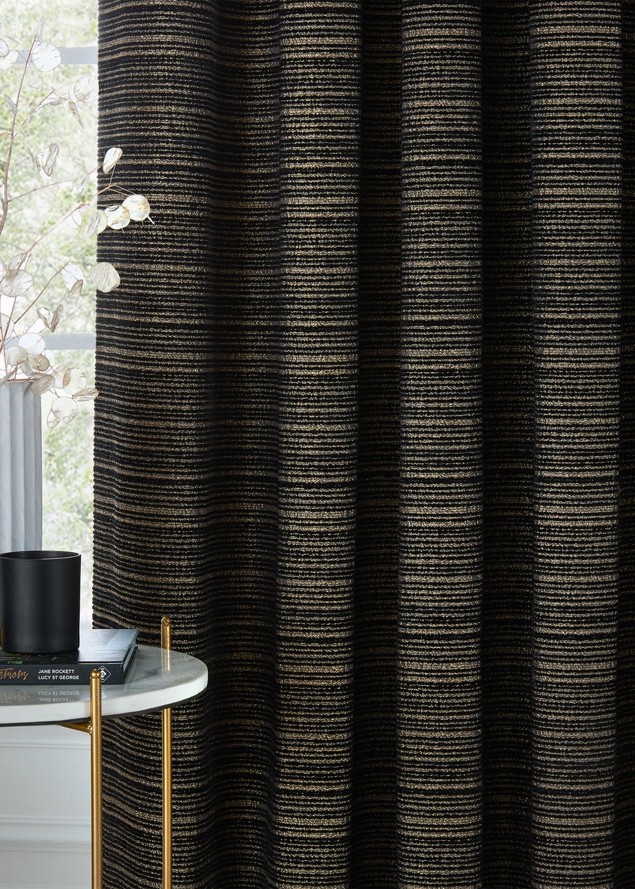 Paoletti Jupiter Chenille Jacquard Eyelet Curtain Pair Black/Gold