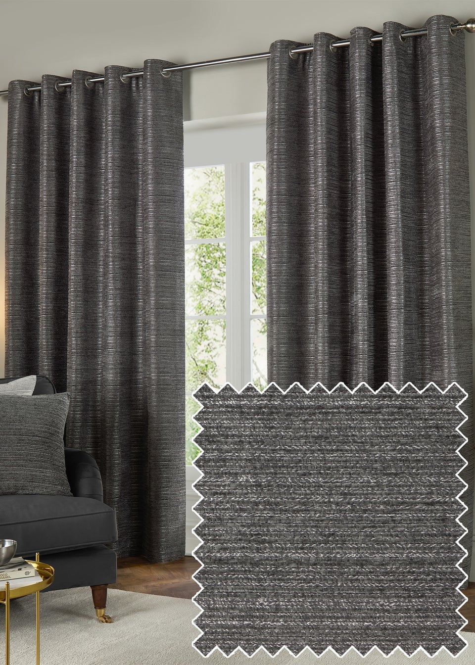 Paoletti Jupiter Chenille Jacquard Eyelet Curtain Pair Graphite
