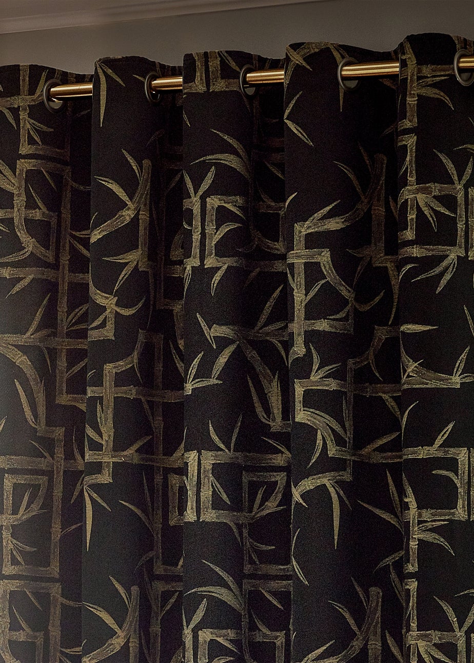 Paoletti Bamboo Jacquard Room Darkening Eyelet Curtain Pair Black