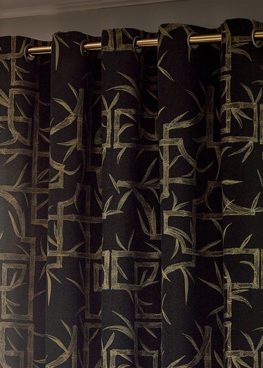 Paoletti Bamboo Jacquard Room Darkening Eyelet Curtain Pair Black