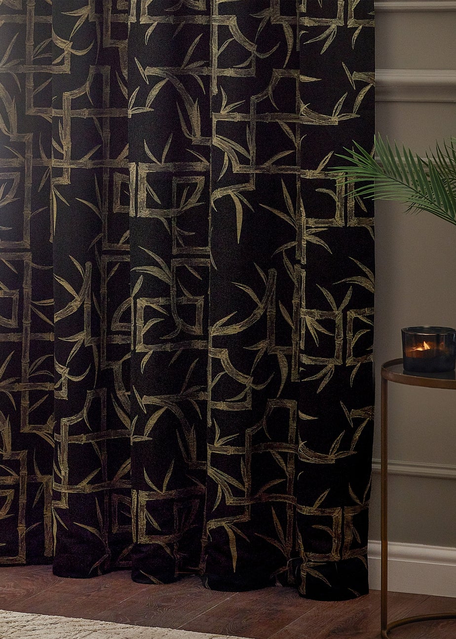 Paoletti Bamboo Jacquard Room Darkening Eyelet Curtain Pair Black