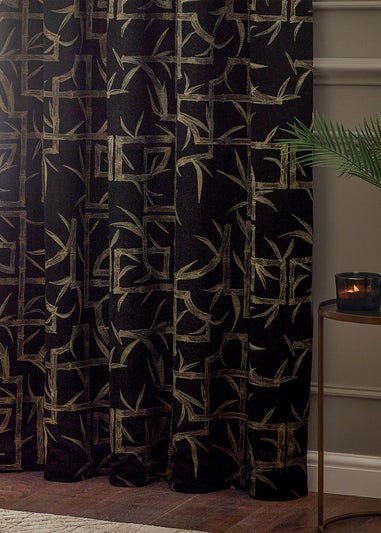 Paoletti Bamboo Jacquard Room Darkening Eyelet Curtain Pair Black