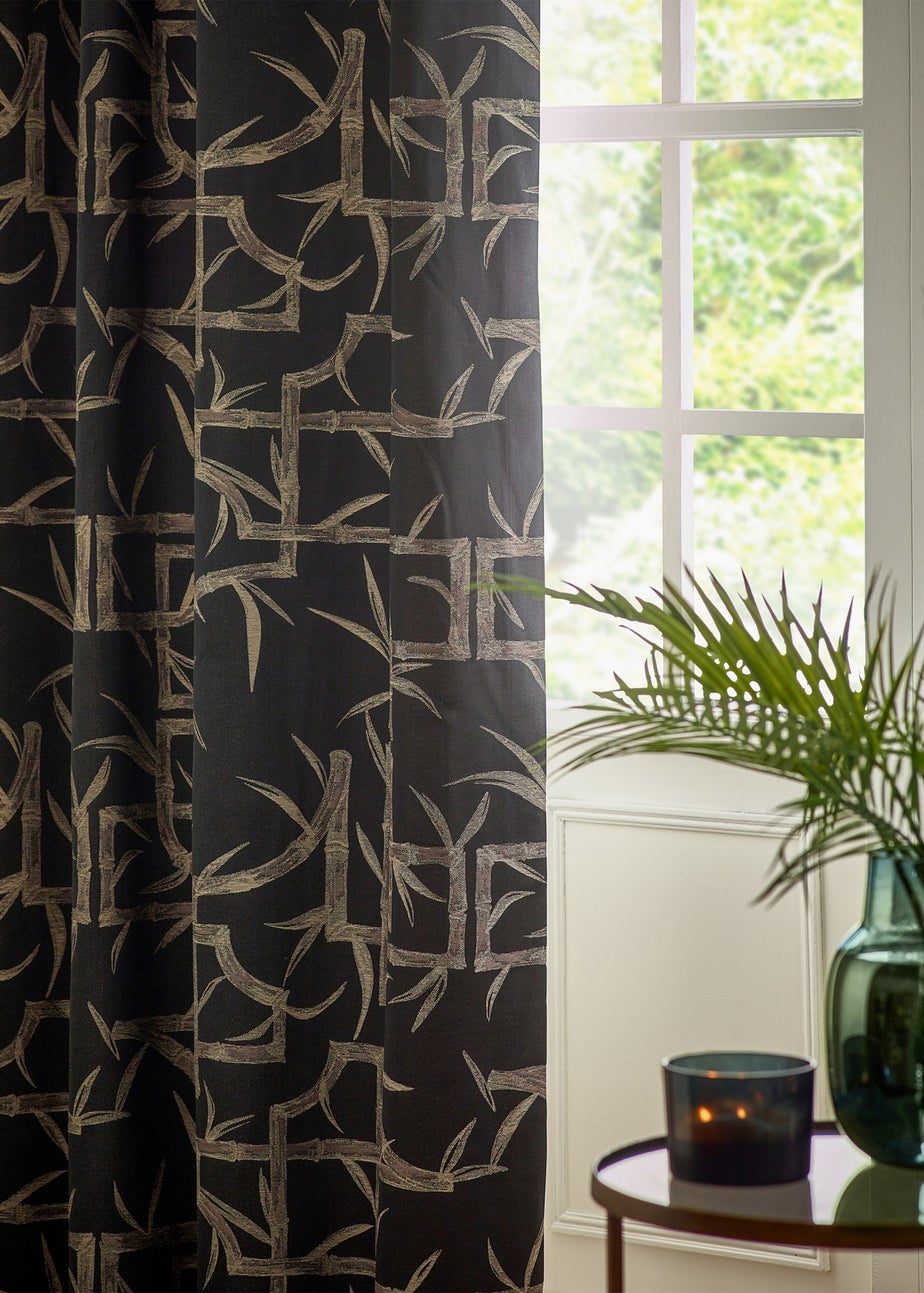 Paoletti Bamboo Jacquard Room Darkening Eyelet Curtain Pair Black