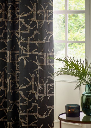 Paoletti Bamboo Jacquard Room Darkening Eyelet Curtain Pair Black