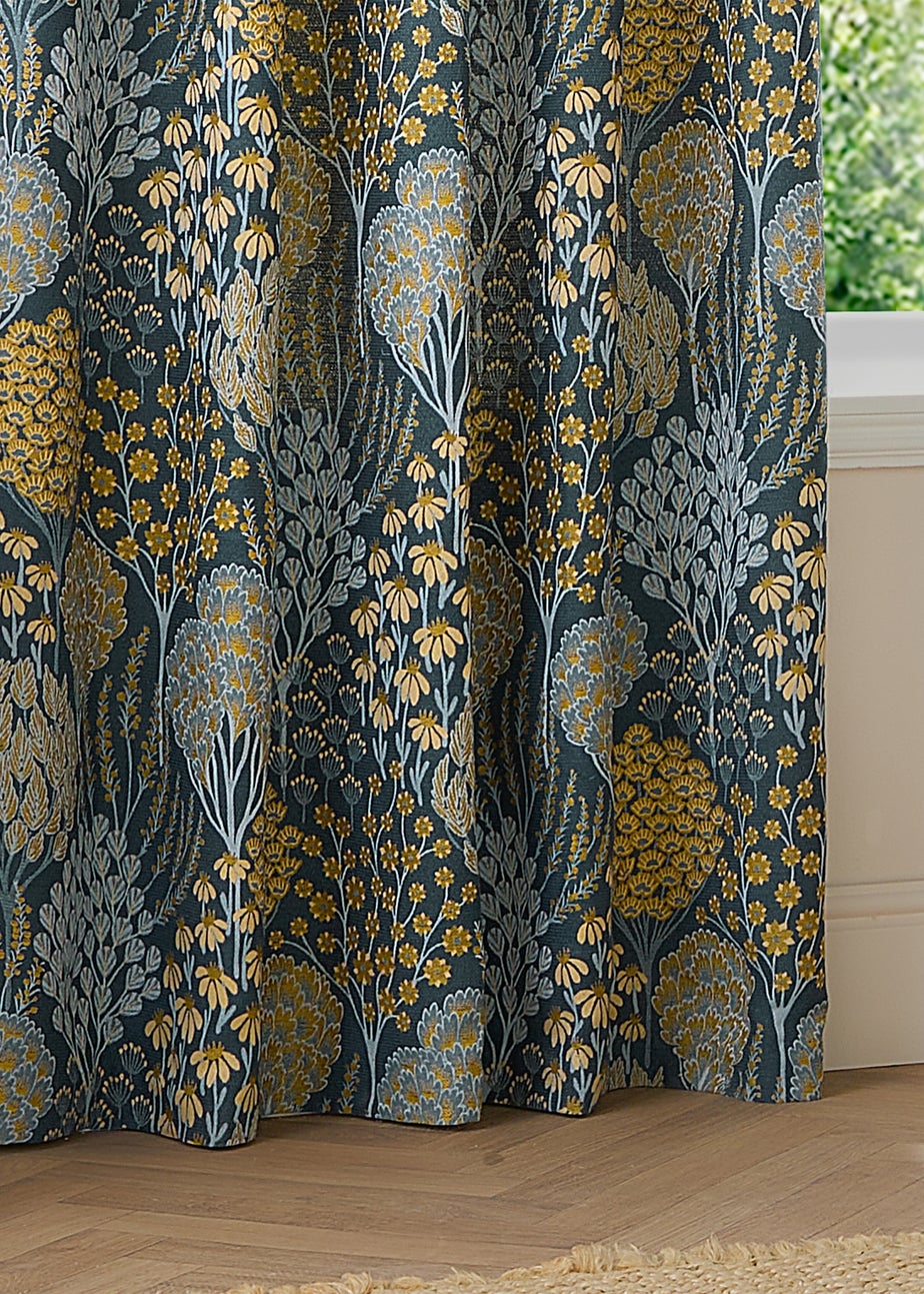Wylder Nature Ophelia Floral Jacquard Room Darkening Eyelet Curtain Pair Blue/Saffron