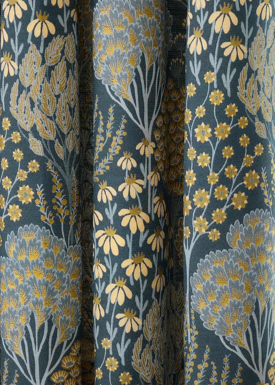 Wylder Nature Ophelia Floral Jacquard Room Darkening Eyelet Curtain Pair Blue/Saffron