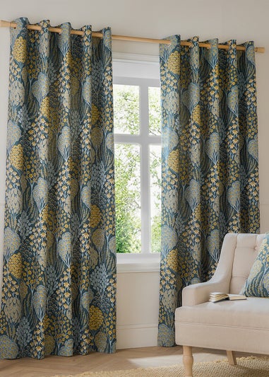 Wylder Nature Ophelia Floral Jacquard Room Darkening Eyelet Curtain Pair Blue/Saffron