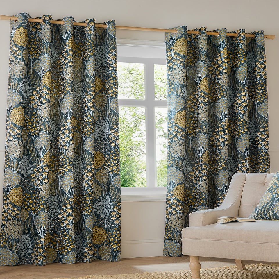 Wylder Nature Ophelia Floral Jacquard Room Darkening Eyelet Curtain Pair Blue/Saffron