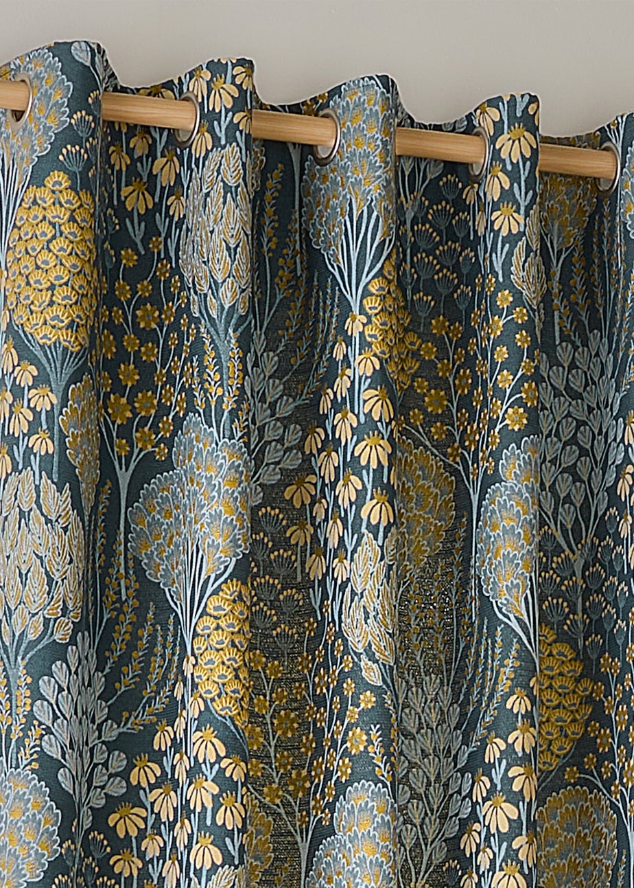 Wylder Nature Ophelia Floral Jacquard Room Darkening Eyelet Curtain Pair Blue/Saffron