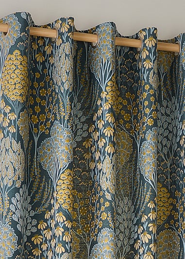 Wylder Nature Ophelia Floral Jacquard Room Darkening Eyelet Curtain Pair Blue/Saffron
