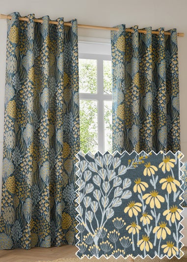 Wylder Nature Ophelia Floral Jacquard Room Darkening Eyelet Curtain Pair Blue/Saffron