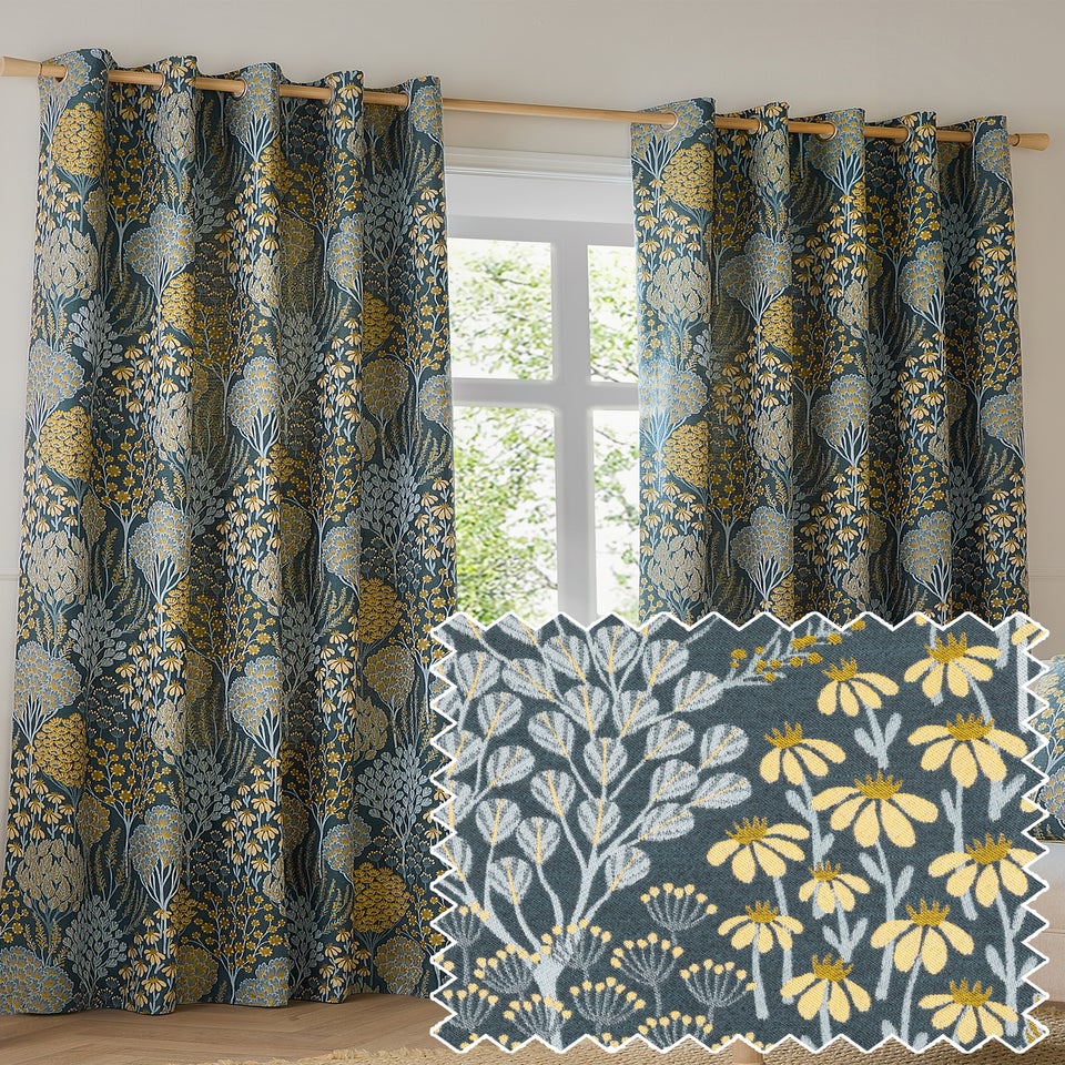 Wylder Nature Ophelia Floral Jacquard Room Darkening Eyelet Curtain Pair Blue/Saffron