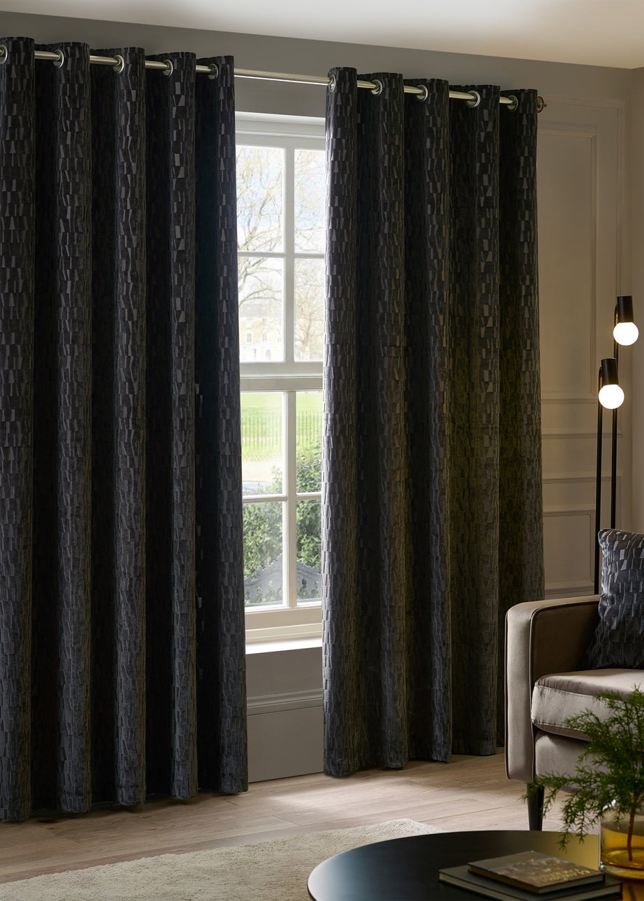 Paoletti Manhattan Velvet Room Darkening Eyelet Curtain Pair Charcoal
